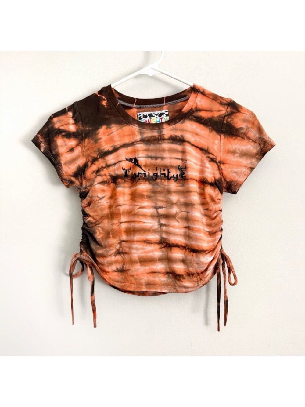 Omighty Orange Black Short Sleeve Cropped Top Side Ties Y2K Streetwear Sz Small